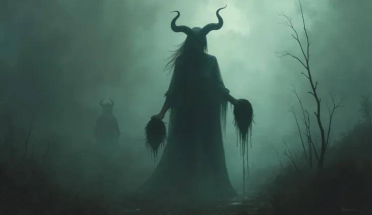 heavy fog , dark environment, Shadow of a woman with horns holding a severed head,  impressionist painting style 