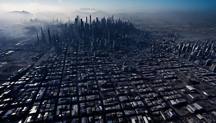 aerial image of an ultra futuristic North American megalopolis, view of the entire city with many buildings and houses in dark colors from dark blue to black, a cidade tem tons de cinza, has smoky structures, industrial environment with smoke and fog aroun...