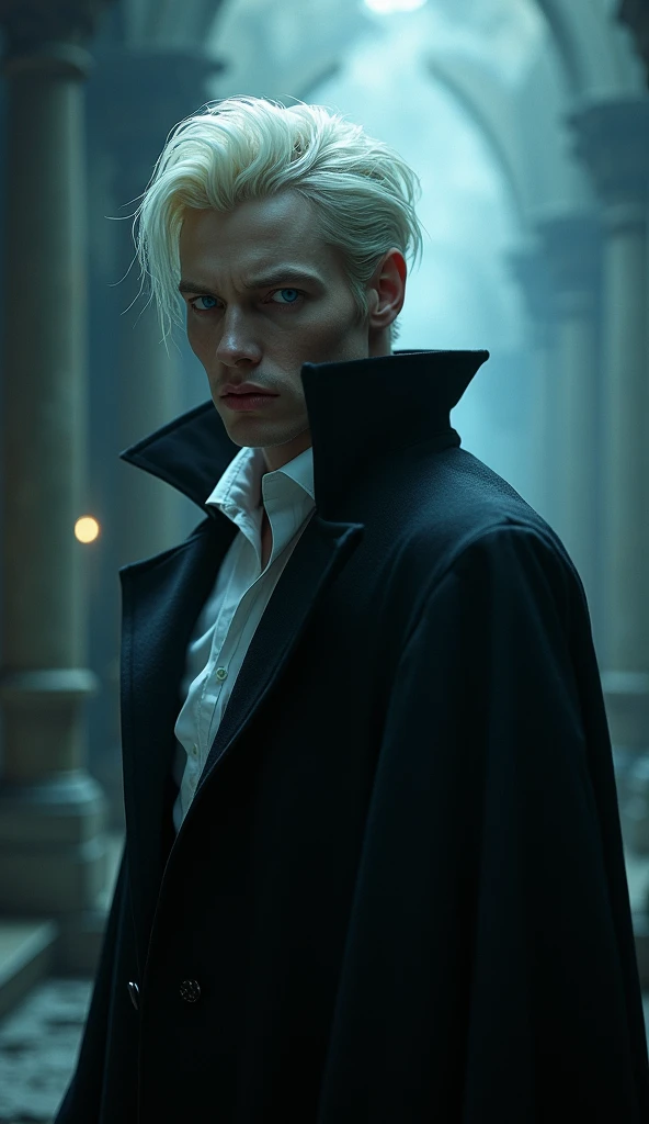 A tall, pale-skinned male vampire with platinum blonde hair and piercing blue eyes stands frozen in shock，he presses his lips together，a mix of confusion and vulnerability，The gothic setting with dramatic shadows and soft moonlight highlights his conflicte...