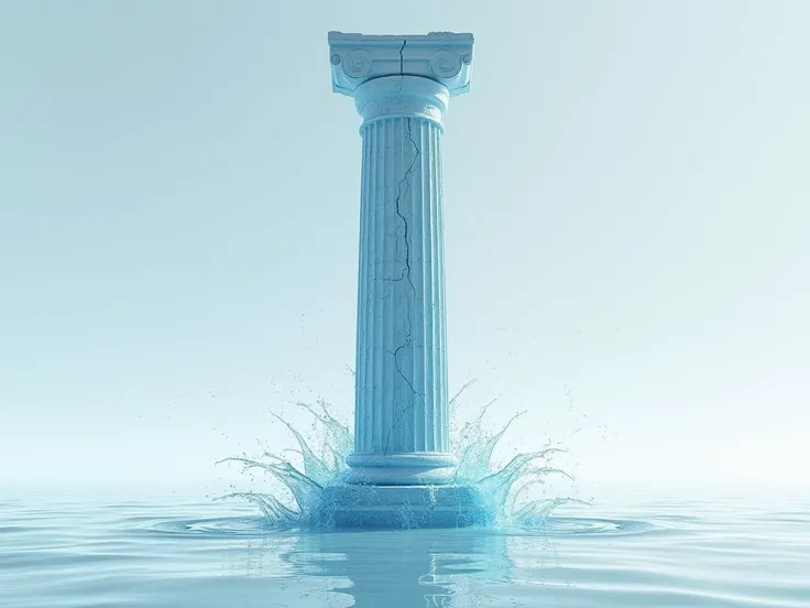 Greek column, made of water, water texture, water splashes, cracks, far from the screen, colorless background