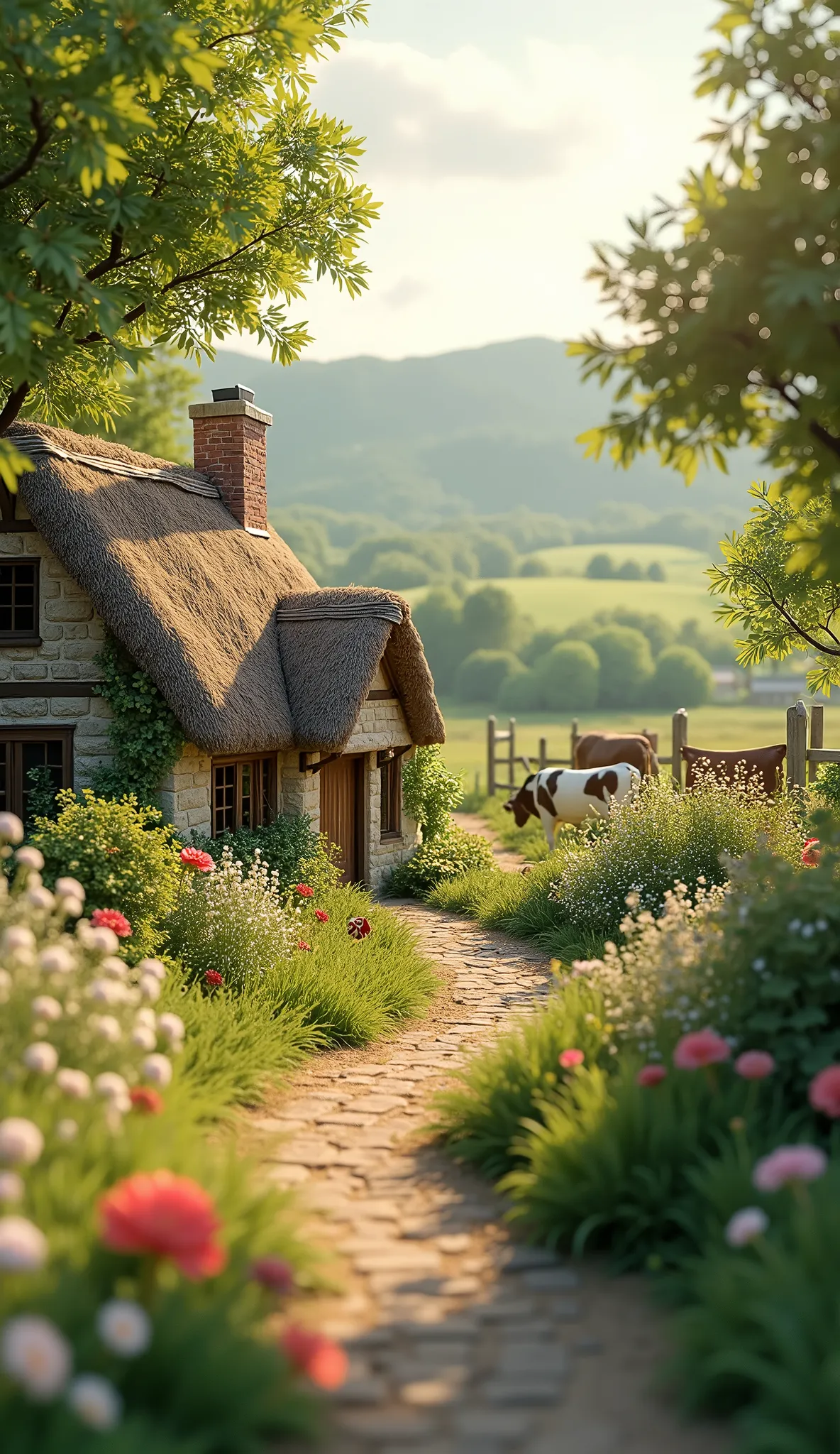 a pastoral and horticultural diorama, detailed garden landscape, lush foliage, rolling hills, old stone cottage, thatched roof, picturesque countryside, cows grazing, rustic wooden fence, winding path, wildflowers, sunlight filtering through trees, atmospheric lighting, muted color palette, cinematic composition, serene, tranquil, idyllic, masterpiece, best quality, 8k, photorealistic