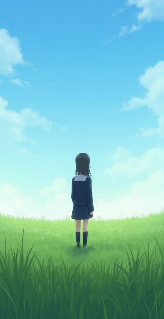 Schoolgirl in school uniform, standing facing back, looking at the camera, standing in the middle of a high open meadow, dark blue 