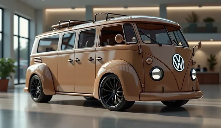 "Create a high-quality digital rendering of a modern, stylish Volkswagen van in a showroom. The van should have a sleek, shiny brown exterior, reflecting the ambient light of a well-lit indoor environment. The design should feature a vintage yet futuristic...