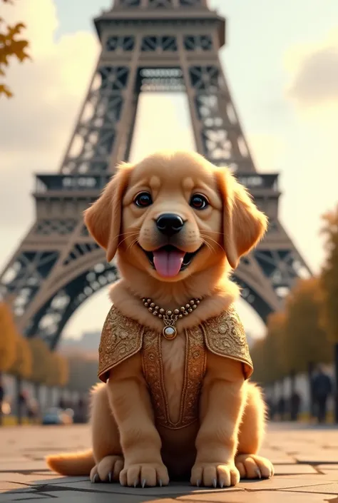 Happy golden retriever puppy ， wearing exquisite noble attire，Look ahead ，Standing，In front of the Eiffel Tower，Wearing a necklace，Exposing limbs， puppy is right in the center of the picture
