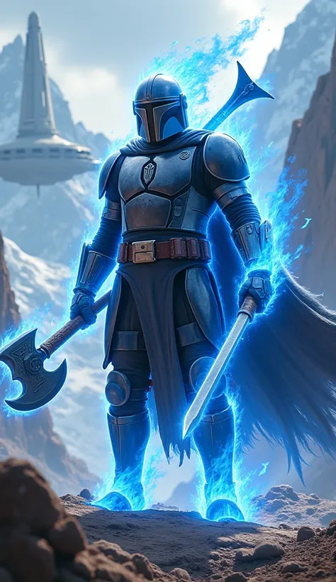 Create a muscular Mandaloriam warrior , His body is surrounded by blue fire, muscle warrior with water armor and a fire sword and a stone axe, Hes in a mountainous valley, And in the background a giant spaceship .