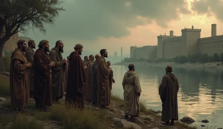 " Describe a group of Jewish exiles sitting on the banks of the Euphrates River, singing or wailing while the city of Babylon appears in the background ."

