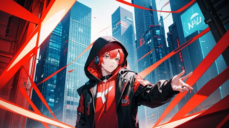 A stunning, colorful artwork featuring, leader boy with red headphones, red hair and black jacket with hood and mix DJ. The scene wonderfull ciberpunk2077 city . 4k full HD
