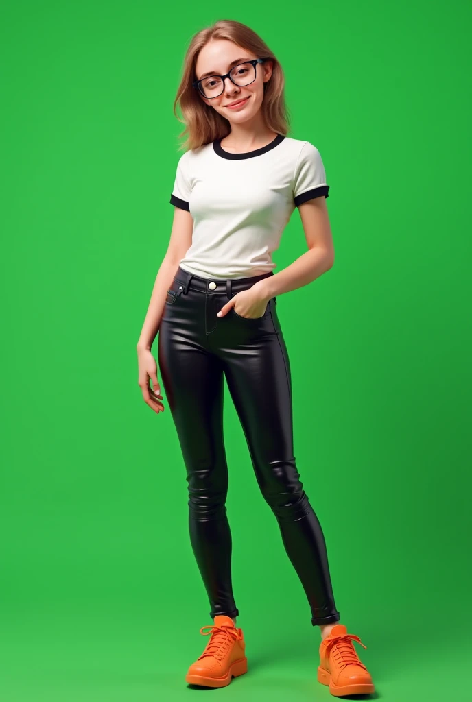 slim 21 year old woman narrow face glasses mouth closed smirking straight lite brown hair below the ears short hair wearing tight shiny black leather jeans and tight white ringer t shirt  hyper realistic 8k nerdy looking skinny girl orange shoes     green ...