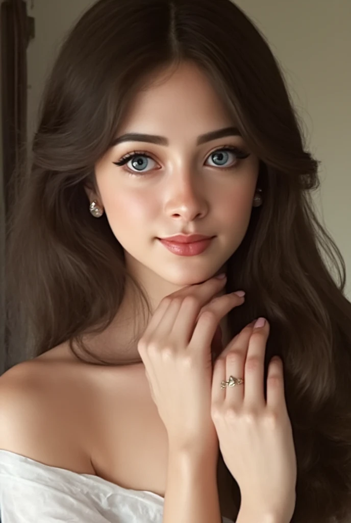  realistic photo ,  a feminine figure with delicate features :  long, silky hair falling in waves up to the waist ,  big, bright eyes,  of a tone that mixes the serenity of blue and the warmth of gold, reflecting curiosity and tenderness .  The skin is of ...