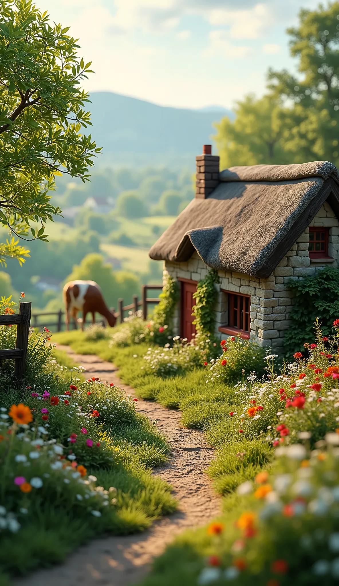 a pastoral and horticultural diorama, detailed garden landscape, lush foliage, rolling hills, old stone cottage, thatched roof, picturesque countryside, cows grazing, rustic wooden fence, winding path, wildflowers, sunlight filtering through trees, atmospheric lighting, muted color palette, cinematic composition, serene, tranquil, idyllic, masterpiece, best quality, 8k, photorealistic