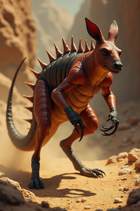  Imagine a mythical creature that is a fusion between a kangaroo and a scorpion.  His body is robust and muscular , like that of a kangaroo ,  with long hind legs adapted to jumping ,  covered with rough, reddish brown skin .  From the middle of its torso ...