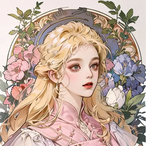  high definition , masterpiece,  1 girl, Long Hair,  wavy hair、Many flowers、優しい色合い,  Alphonse Mucha, Decadent、髪にMany flowersが飾られている、Blonde, goddess