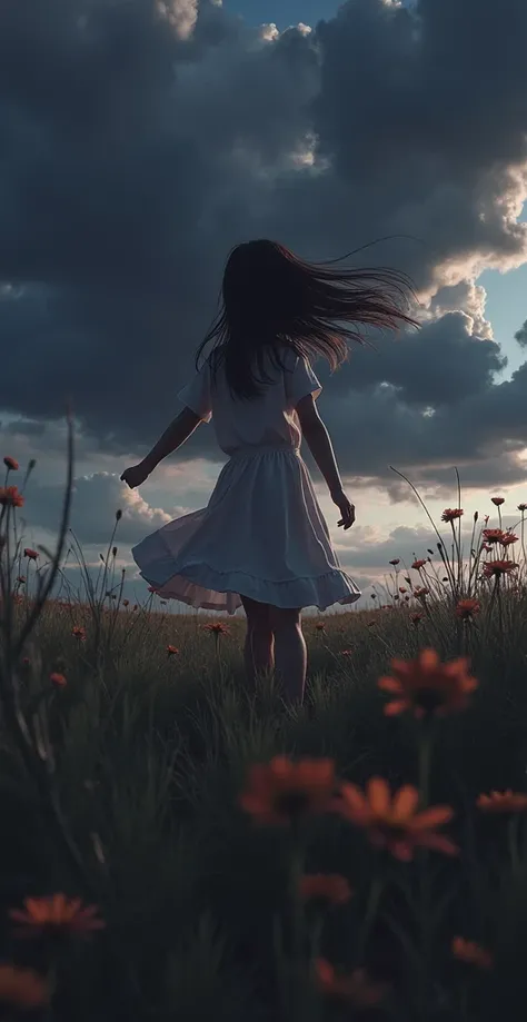 Girl in white school dress standing in the middle of the meadow, dark blue, strong wind