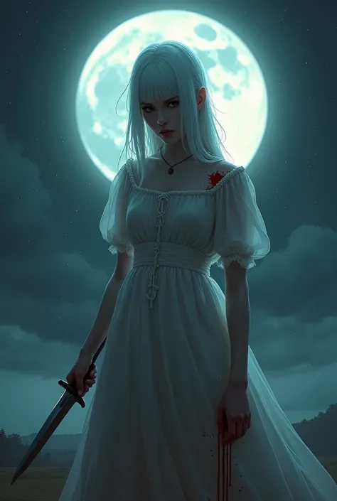 A girl with white hair and white skin dressed in a soft dress stained with blood on her stomach and a dagger in her hand against the background of a starry sky with a full moon realistic real person