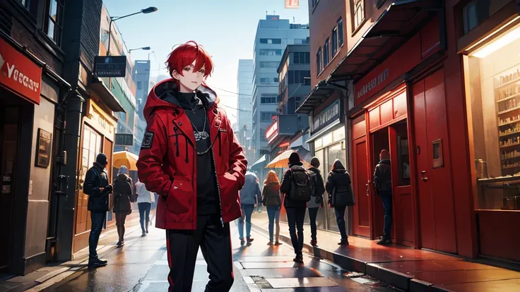 A stunning, colorful artwork featuring, leader boy with red headphones, red hair and black jacket with hood and mix DJ. The scene wonderfull ciberpunk2077 city . 4k full HD
