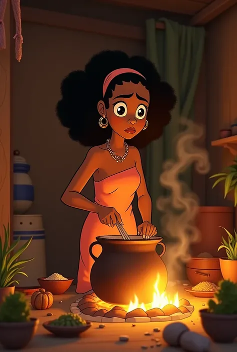 Animation of an Africa woman with a worried expression stirring a pot over a fire in a simple kitchen, surrounded by herbs and ingredients.