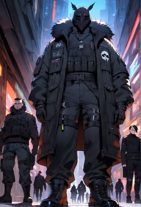 high detailed, Male, relaxed, sci-fi goth, goth male, Rude, cool, soldier. Black jacket, fluffy lined jacket, black feathers lining, soldier goth, faceless, goth clothing, cyberpunk goth, black vest, baggy black pants, sci-fi combat boots, armored. elegant...