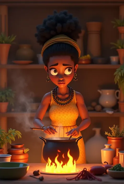 Animation of an Africa woman with a worried expression stirring a pot over a fire in a simple kitchen, surrounded by herbs and ingredients.