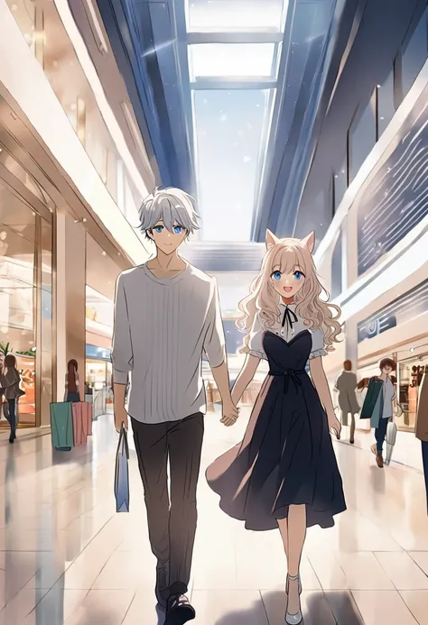 １  girl １  boys, Anime cat girl ,  Her eyes are big 、  I was full of curiosity ,   She looked excited and happy to see me, beautiful cat eyes  , ((( pure white wavy hair ))),   blue eyes , good picture,  anime 2D , 2D,   beautiful hands, Good move., 4K, 8k...