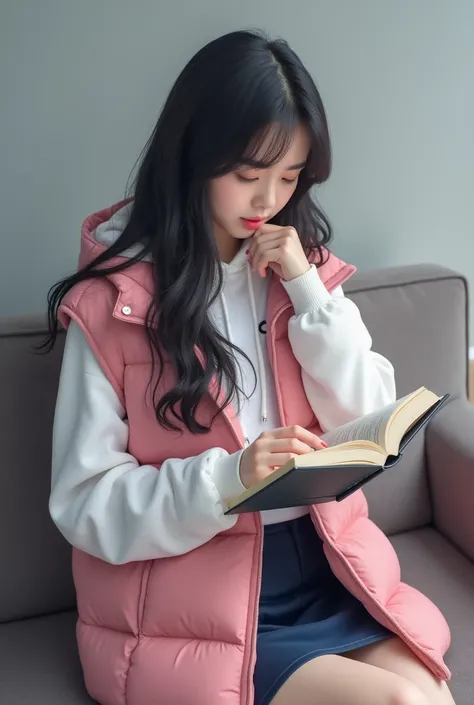 "K-pop style women&#39;Realistic images、  Korean beauty  , length, Wavy black hair.Gray wall background、 Im wearing a white Nike long sleeve hoodie.,Im wearing a pink down vest 、   navy blue mini skirt   、  shes a girl sitting on the couch  。  high definit...