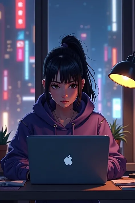  The girl wears her hair tied in a tall ponytail ,  and her face is completely clear , without bangs to hide it .  The hood of her purple sweatshirt covers her head , , showing her face clearly .  Her expression is serious and focused as she works in front...