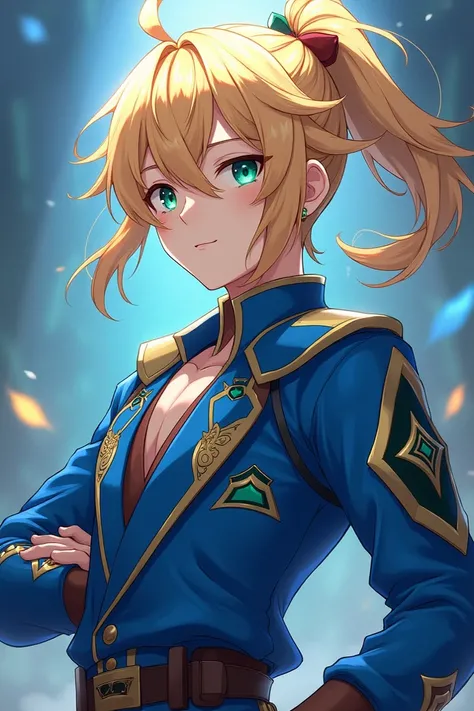 Create a drawing of a 22-year-old blond man, with shoulder-length hair gathered in a half-ponytail, with green eyes and wearing blue-toned clothes in the style of Genshin Impact