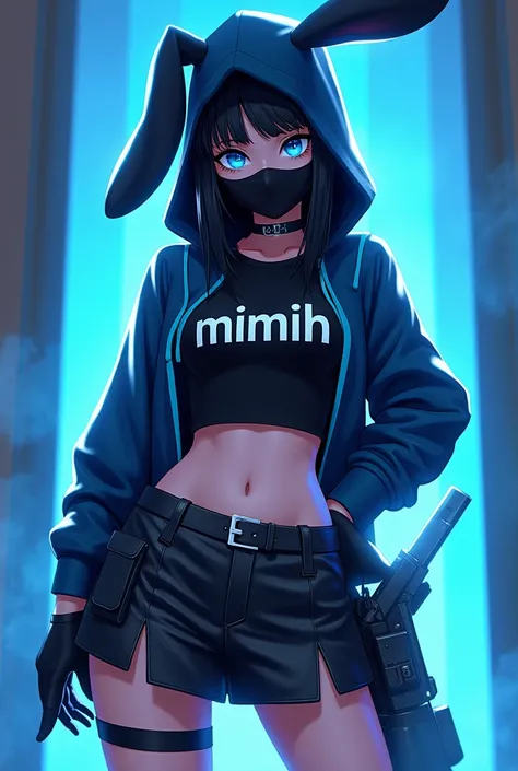  Female Game Free Fire style character,  with blue eyes,  black hair,  wearing a black mask ,  a black rabbit hood with a blue background and a written croop top "Mimih ",  a black leather mini skirt and a gun on the back , blue image background with rays 