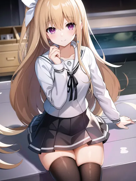  A quiet blond girl sitting at her desk ， and her long, golden hair cascades on her back 。 Her bangs frame her smiling face ， has a smile on her lips ， x} Her purple eyes sparkle in the soft light of the indoor classroom 。 her white sailor collar The shirt...