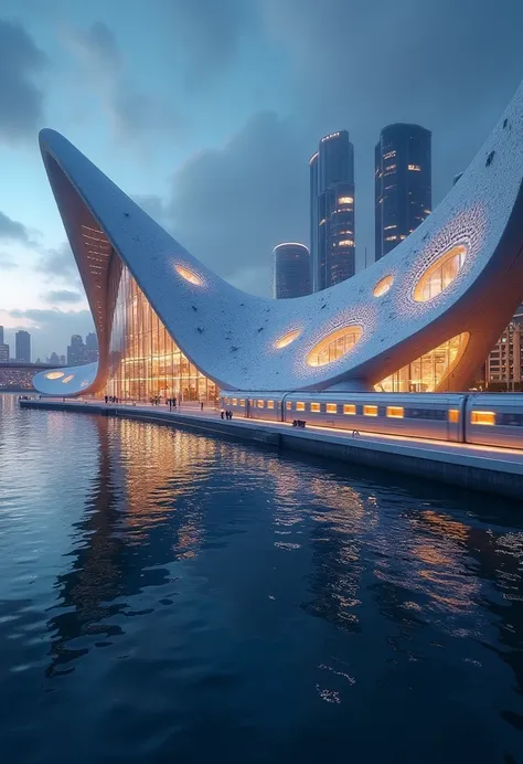 Create an image of a modern train station with futuristic architectural features, set against the backdrop of shimmering water. The train station should have a cutting-edge design that makes it stand out, and the water should reflect city lights at night, ...