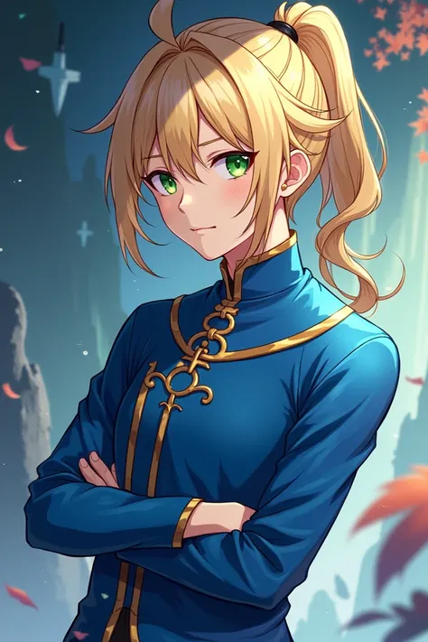 Create a drawing of a 22-year-old blond man, with shoulder-length hair gathered in a half-ponytail, with green eyes and wearing blue-toned clothes in the style of Genshin Impact