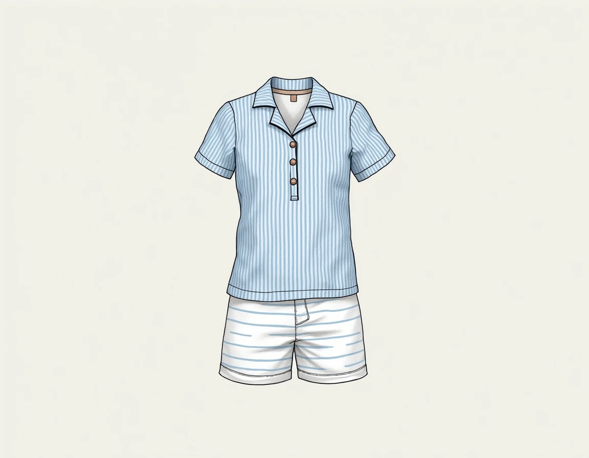 Give me a sketch of a pajamas ; The top is a light blue striped polo shirt and the shorts are white with horizontal light blue stripes
