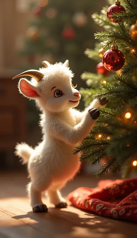 A mini goat tidying up the Christmas tree