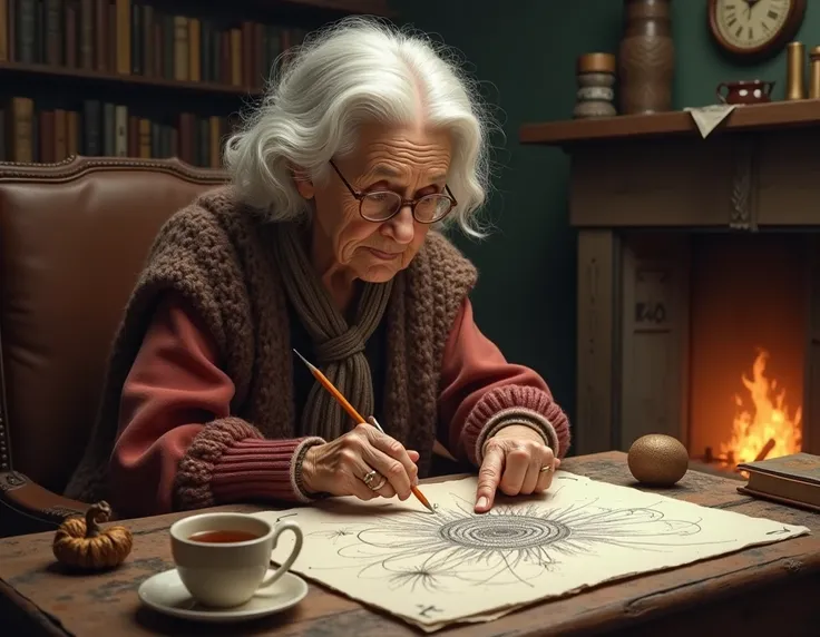 drawings of an old lady knitting with pencils by hand