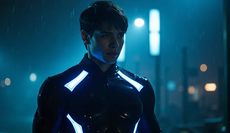 " A ripple of blue light appeared in the air ,  emitted waves of soft energy in the dark midnight and torrential rain . From those ripples ,  a young man named Arion stepped out .  His appearance was firm and athletic ,  wearing a futuristic uniform tight ...