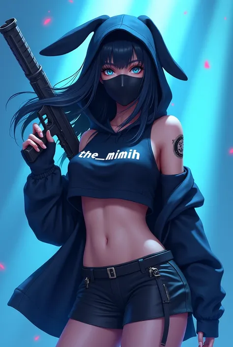  Female Game Free Fire style character,  with blue eyes,  black hair,  wearing a black mask , a black rabbit hood with a blue background and a written croop top "The_Mimih ",  a black leather mini skirt and a gun on the back , blue image background with ra...