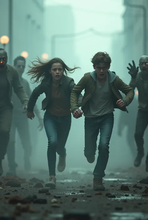 An 18-year-old brown-haired teenager and a 20-year-old teenage boy wearing glasses running while being chased by zombies in a ghostly fog with real people/High resolution, 