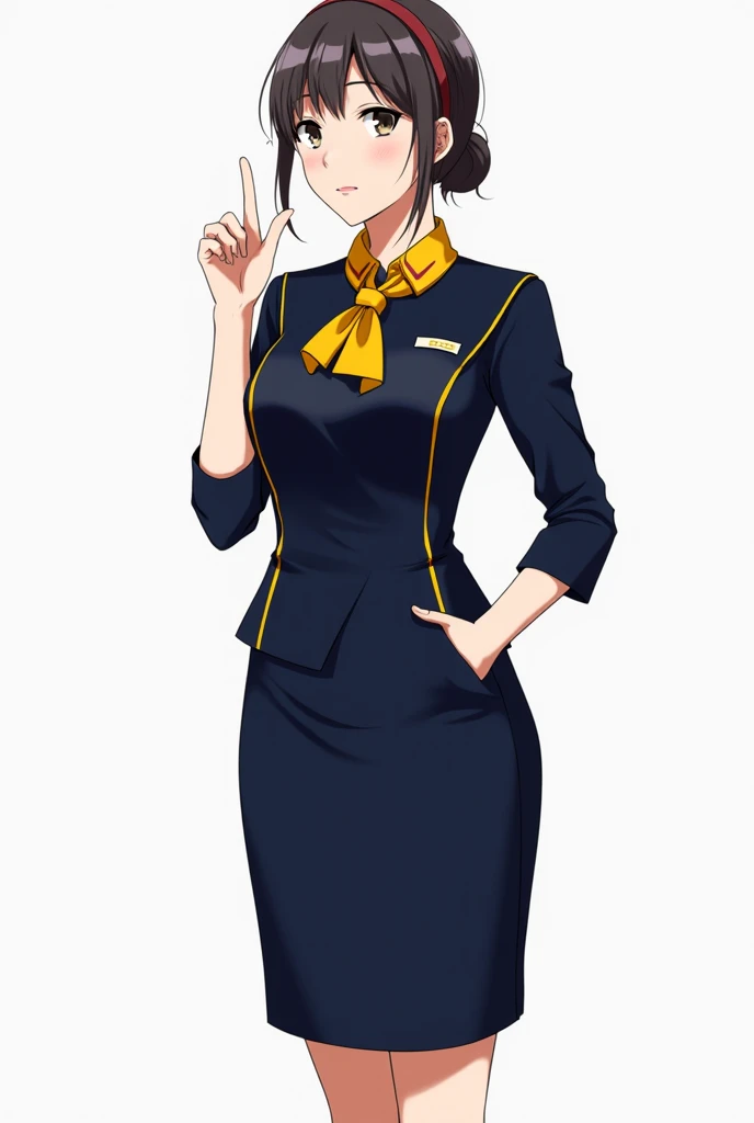 The design of the female bus hostess uniform without  jacket. 3/4sleeve should have small scarf.. 90% of the color should be navy blue, with the remaining portion being yellow. no jacket 