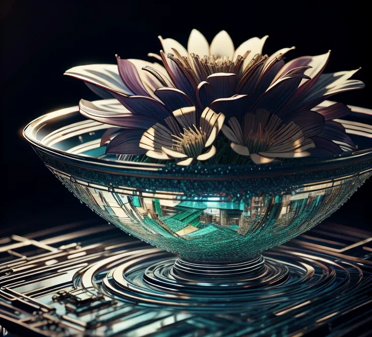  The masterpiece of glass sculpture ，There are chrysanthemums inside，water，The light shines ，Fantastic， High Quality ， high detail， best quality ，，4K，8k，