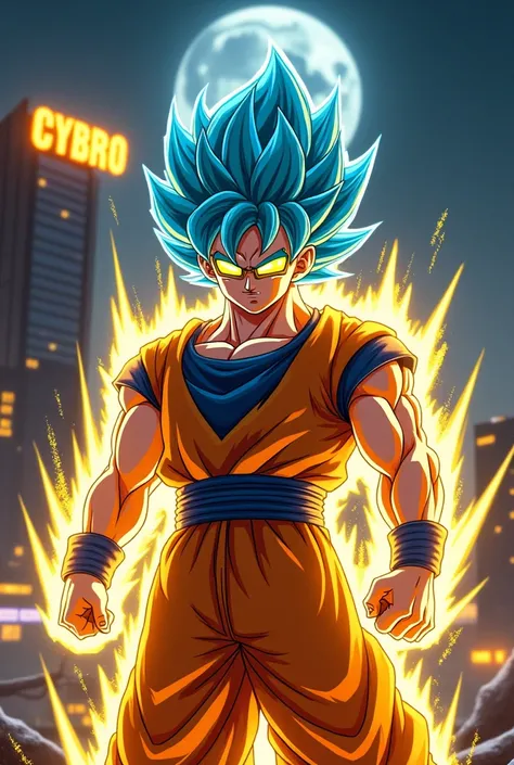 I want to make Goku Super Sayayin level God 2 with a BEAVER FACE,  golden Oakley lenses and the New Battle Mode Super Saiyan Mode. Metallic and shiny colors .   in a city at night, You can see the full Moon and in one building it reads CYBRO in Yellow 