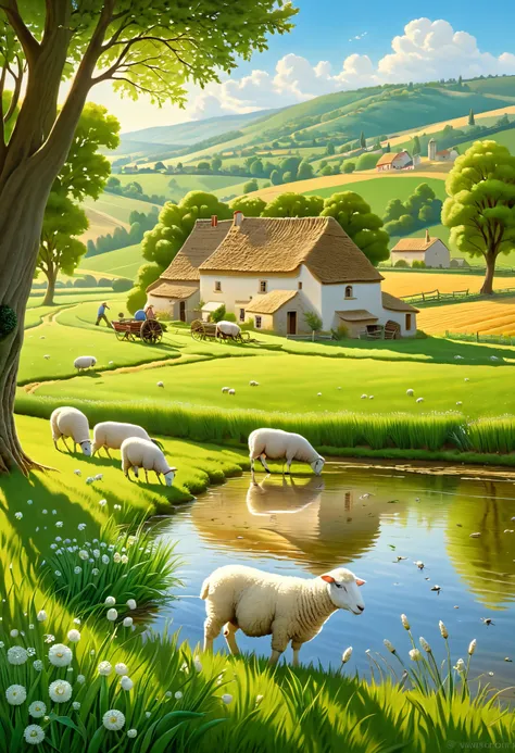 (((best quality))),(((ultra detailed))),(((masterpiece))),illustration,harmony, serene, nature, white sheeps, pastoral, grazing, playful, farmer, elderly, hardworking, plowing,wheat seedling, vibrant, rural life, sunshine, warmth, small houses, cooking smo...