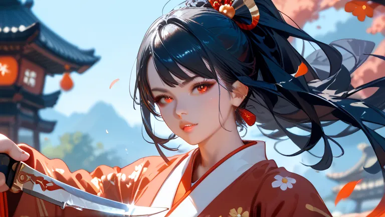 battle　woman　aura　strongest　 black hair　red eye　cool　kimono　knife　whole body