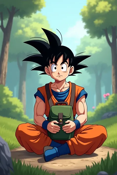 Create me an image of the animated character Goku who is sitting carrying a backpack 