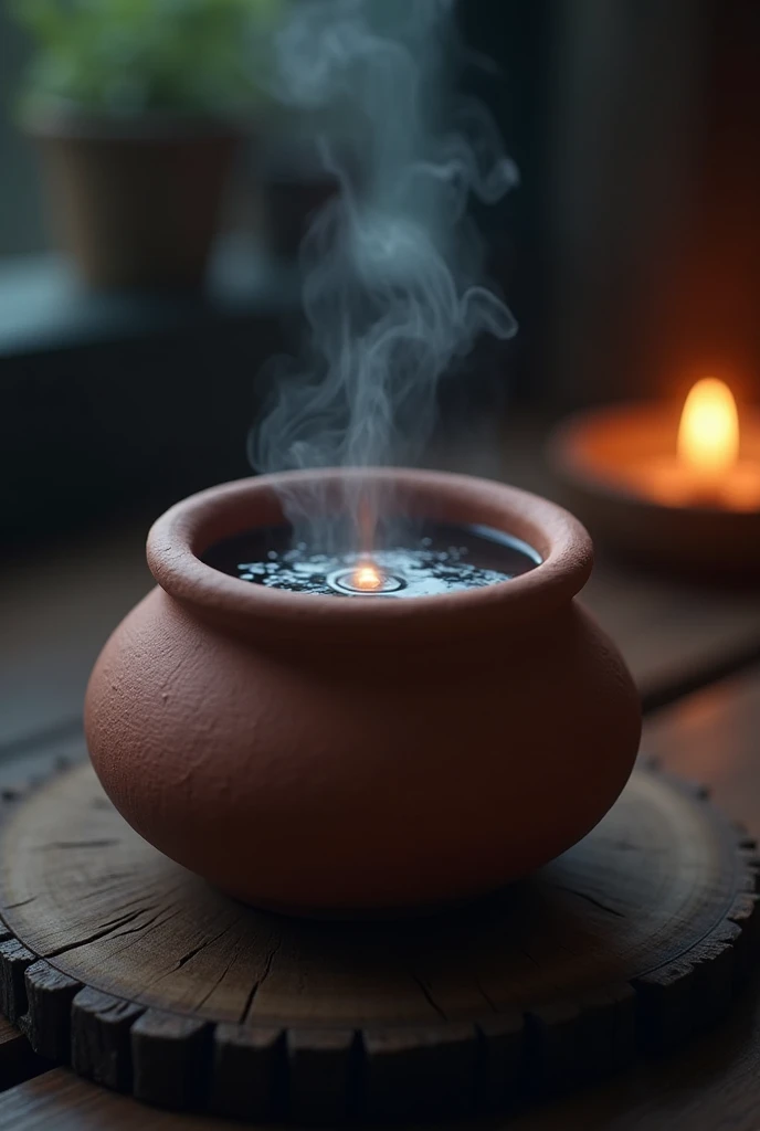 Animation of A close-up of a small clay pot filled with thick, dark liquid, glowing faintly in dim light.