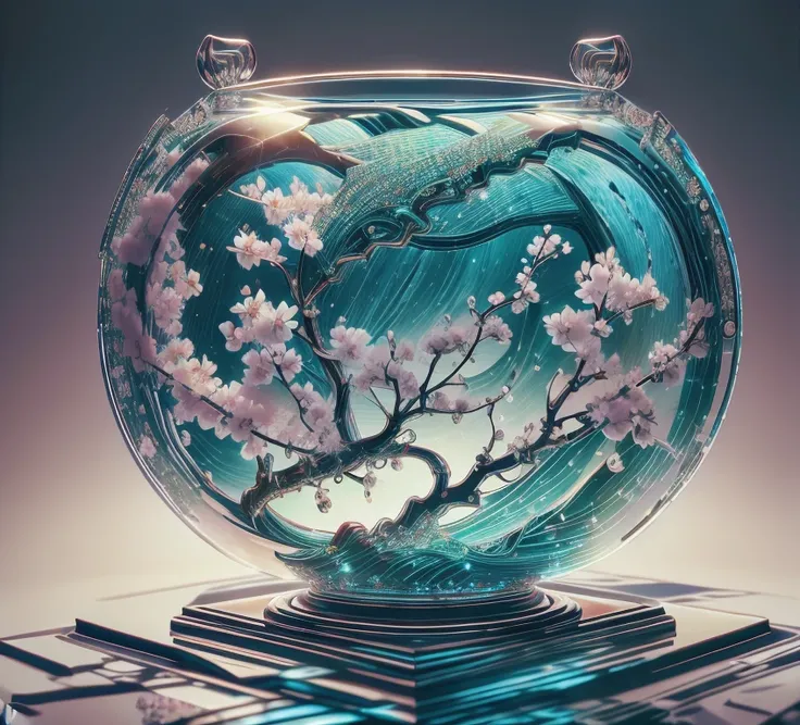  The masterpiece of glass sculpture ，There is a cherry blossom inside，water，The light shines ，Fantastic， High Quality ， high detail， best quality ，，4K，8k，