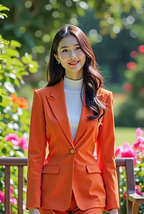 Standing in the garden is an elegant Asian heroine in an orange-red suit. Wearing a chest-high white top, the heroine "walked to a wooden bench in the garden, sat down, and smiled silently at the camera." The background is filled with green, warm garden pl...