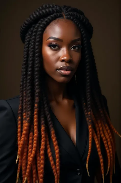 dark skinned, adult woman, with dark brown dreadlocks, the tips of her hair are bright orange, her eyes are dark brown, she wears formal clothes, preferably dark colors