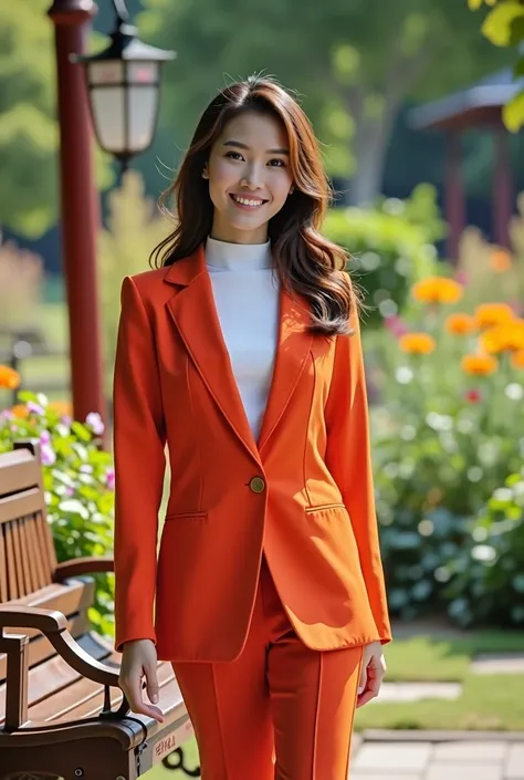 Standing in the garden is an elegant Asian heroine in an orange-red suit. Wearing a chest-high white shirt, the heroine "walked to a wooden bench in the garden, sat down, and smiled silently at the camera." The background is filled with green, warm garden ...