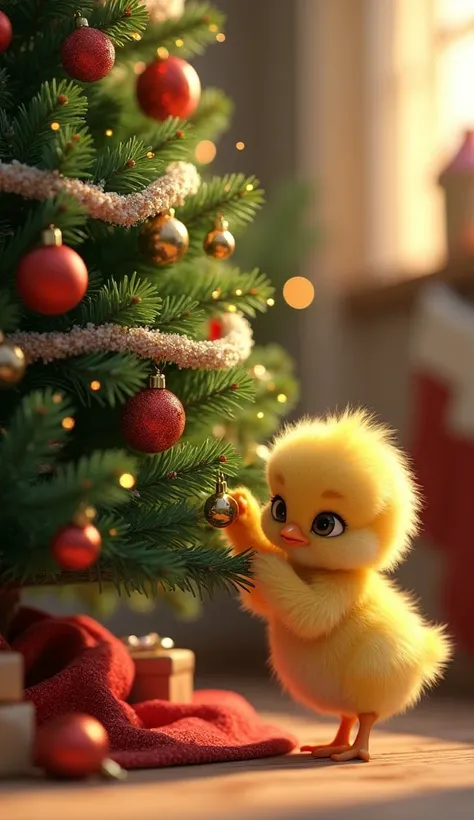 A mini chick tidying up the Christmas tree