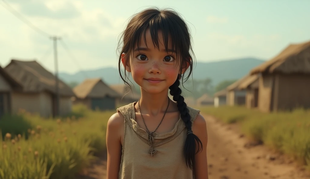 4k, A small village, with simple huts and fields in the background. A young girl in simple clothes, working hard in a field, looks tired and worn-out. The atmosphere is calm but feels lonely. A soft light shines on her as she works under the hot sun.
Detai...