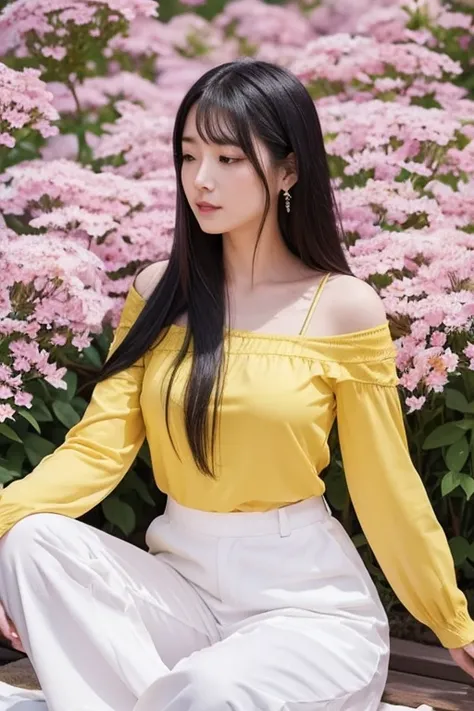 「 Please draw a meditation scene of a woman surrounded by beautiful flowers 。Women with long black hair、Im wearing a yellow top and light purple pants 。 Please draw a scene with pink and white flowers blooming all over the background。」
